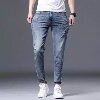 Джинсы мужские весенние новые модные брендовые свободные прямые брюки в корейском стиле модные перфорированные мужские длинные брюки 28