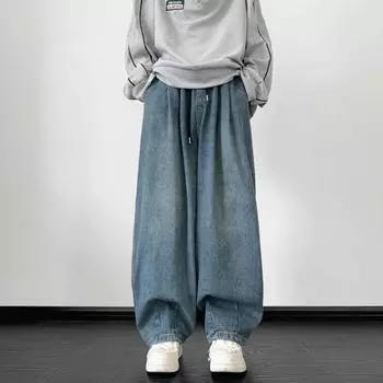 Джинсы мужские весна осень широкие джинсы мужские свободные прямые джинсовые брюки Harajuku винтажные синие джинсовые брюки уличная одежда S синий