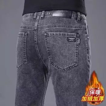 Джинсы мужские зимние с флисовой подкладкой, толстые свободные прямые универсальные повседневные брюки из эластичной ткани 2024 года, новые брюки для мужчин, модные бренды 28