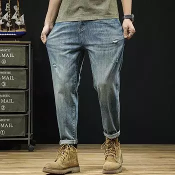 Джинсы Nine Point, мужские, облегающие, большого размера, с перфорацией, с завышенной талией L бездна