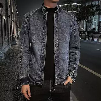 Джинсы осенью и зимой плюс бархатная винтажная джинсовая куртка, мужская корейская версия тонкой куртки для инструментов L чёрный