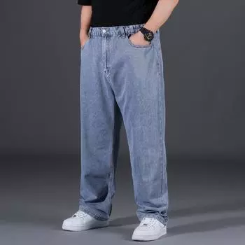 Джинсы оверсайз, мужская модная уличная одежда, большие размеры, хлопковые свободные джинсы, брюки, повседневные брюки-карго, дышащие большие толстые брюки 26 светло-синий