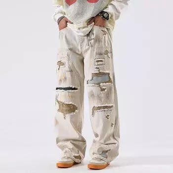 Джинсы прямого кроя в американском стиле с контрастными потертостями и рваностями, уличные брюки 29