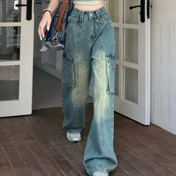 Джинсы прямого кроя в стиле ретро-карго, женские толстые мм, большого размера, тонкие, свободные, с завышенной талией, тонкие, широкие брюки для мытья полов. M синий