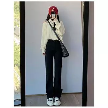 Джинсы прямого кроя в западном стиле, черные, стройнящие, женские, больших размеров, для полных девушек, уличные, с веревкой, с высокой посадкой, широкие штанины, узкие штаны Black 0002 Size XL [60.00 kg-67.50 kg]]