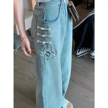 Джинсы прямого покроя с вышивкой Cheongsam, женские, с высокой талией, большие размеры 3XL, модные, повседневные, 2024, джинсовые брюки S