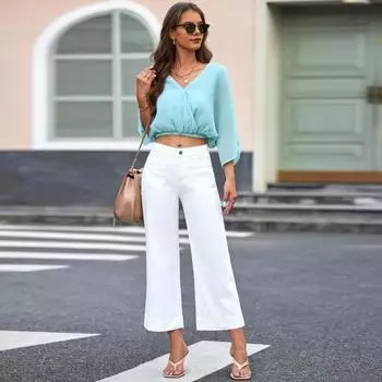 Джинсы Прямые, с высокой талией, однотонные, на пуговицах, на молнии, с карманами, широкие, эластичные, для поездок на работу M темно-синий