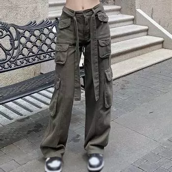Джинсы прямые с высокой талией, в стиле ретро, на шнуровке, широкие брюки с множеством карманов, женские комбинезоны из денима, свободные L