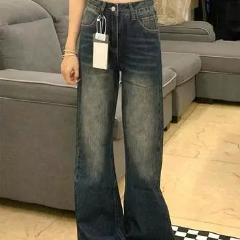Джинсы ретро микро-пулл женские осенне-зимние новые толстые сестры мм грушевидной формы с высокой талией свободные и тонкие широкие брюки S recommends 80-45kg сине серый