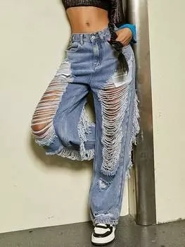 Джинсы Rose Beauty A Y2K Street Hottie с косыми карманами, потертостями, рваными, с вырезами, прямые L