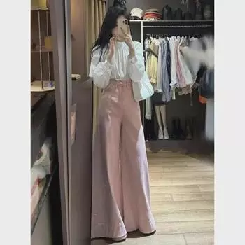 Джинсы розового цвета с высокой талией и широкими штанинами для женщин в корейском стиле — стройнящие, универсальные, тренд весны/лета 2025 года L светло-синий