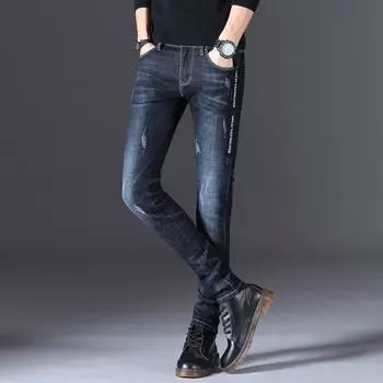 Джинсы с эластичной лентой и надписью, кружевные мужские джинсы, специальные зауженные джинсы, корейское издание, весна/лето 27