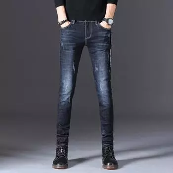 Джинсы с эластичной лентой и надписью, кружевные мужские джинсы, специальные зауженные джинсы, корейское издание, весна/лето 27