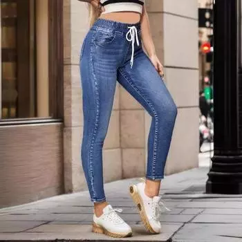 Джинсы с эластичной талией и завязками на талии, эластичные джинсы для женщин S тёмно-синий