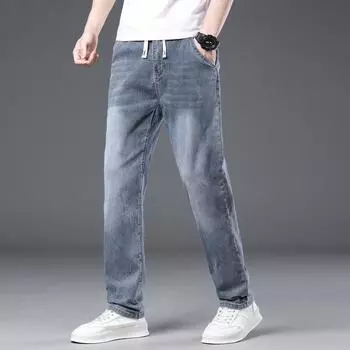 Джинсы с эластичной талией на молнии для мужчин, свободные прямые брюки с высокой талией, застежка-молния на пуговицу, несъемный свободный ремешок M бездна