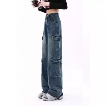 Джинсы с боковыми карманами и карманами, женские винтажные новые свободные прямые джинсы с высокой талией, повседневные длинные широкие брюки большого размера S синий
