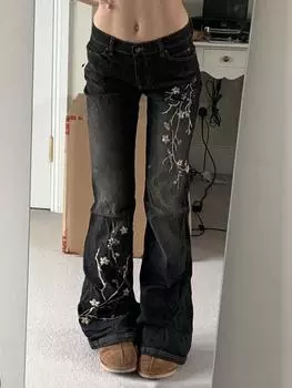 Джинсы с цветочной вышивкой Винтажные 2000-е Джинсы клеш с низкой посадкой Женские Ретро Y2k Мешковатые джинсовые брюки Уличные Базовые брюки S чёрный