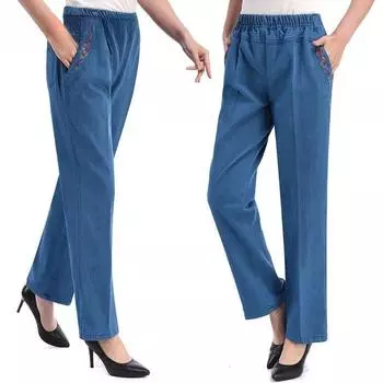 Джинсы с цветочной вышивкой, женские весенне-осенние эластичные джинсовые брюки большого размера, повседневные брюки с высокой талией, прямые свободные джинсовые брюки XL чёрный