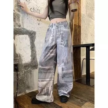 Джинсы с газетным принтом, высокая талия, свободные прямые мешковатые длинные джинсовые брюки, женские большие размеры, феякор 2000-х годов, гранж, Харадзюку, готика S