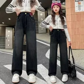 Джинсы с градиентом для девочек-подростков, детская мода, широкие джинсовые брюки, детские брюки в корейском стиле, уличная одежда на осень 170