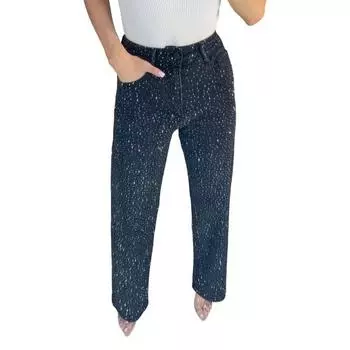 Джинсы с искусственным жемчугом для женщин, с высокой посадкой, прямые, стрейч, из денима, повседневные, широкие, с бисером, мешковатые XXXL