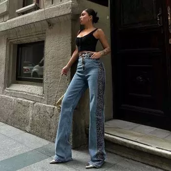Джинсы с леопардовым принтом премиум-класса Sense of Micro-Lasel, весенние женские прямые брюки, тонкие джинсовые брюки с драпировкой, женские тонкие джинсовые брюки с высокой талией L синий