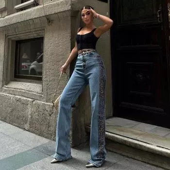 Джинсы с леопардовым принтом премиум-класса Sense of Micro-Lasel, весенние женские прямые брюки, тонкие джинсовые брюки с драпировкой, женские тонкие джинсовые брюки с высокой талией L синий