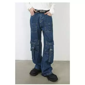 Джинсы с несколькими карманами, мужские нишевые ретро-широкие рабочие брюки, пара европейских и американских брюк, прямые свободные джинсы для мужчин, модные и удобные S черный серый