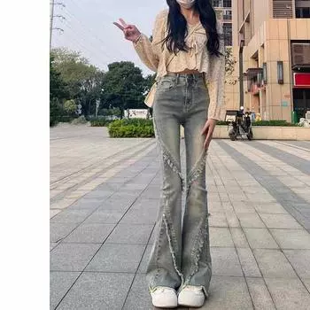 Джинсы с отделкой под волосы женские с высокой талией, слегка расклешенные брюки для детей S