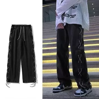 Джинсы с перекрестной лентой, мужские мешковатые джинсовые брюки Y2K, готическая уличная одежда, корейская одежда, мужские брюки M синий