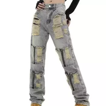 Джинсы с перфорацией на молнии для мужчин и женщин, уличные, персонализированные, прямые, ретро, повседневные брюки XXXL