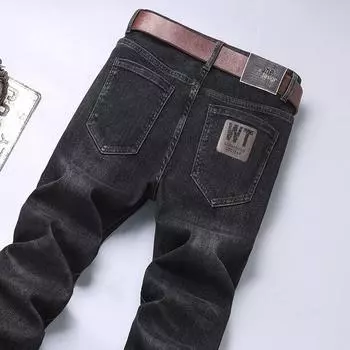 Джинсы с подкладкой из черного и серого флиса из Гонконга, мужские облегающие брюки-скинни, эластичные повседневные брюки для осени и зимы от модного бренда 28 серый