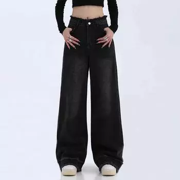 Джинсы с потертостями, женские весенние милые крутые прямые рабочие брюки для горячих девушек S чёрный