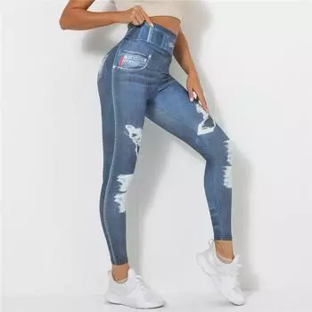 Джинсы с принтом Auroth, женские леггинсы из искусственного денима, узкие брюки-карандаш, спортивные брюки для йоги с высокой талией S