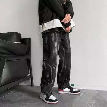 Джинсы с принтом тай-дай, мужские, прямые, свободные, гангстерские, красивые, американские, брюки, бренд High Street Tide, большие размеры XXXL чёрный