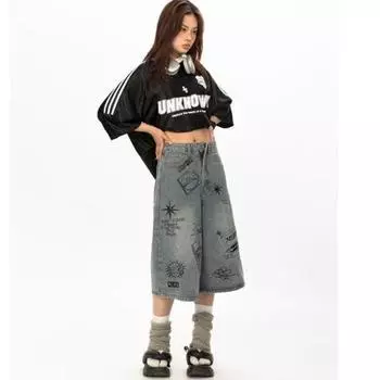 Джинсы с принтом в американском стиле в стиле хип-хоп, мужские повседневные свободные прямые брюки, винтажная модная модная уличная одежда S синий