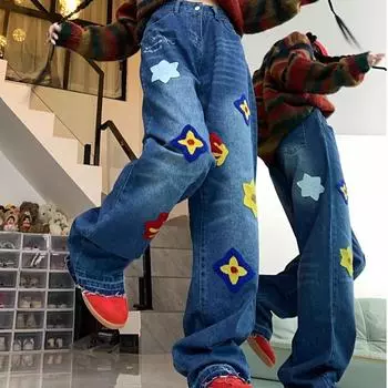 Джинсы с принтом. Женские широкие джинсовые брюки с высокой талией Y2k. Корейская уличная одежда. Прямые мешковатые джинсы. S синий