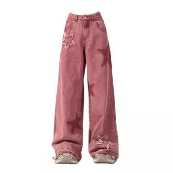 Джинсы с прямыми штанинами розового цвета, женские летние модные дизайнерские штаны Y2K, свободные и облегающие широкие брюки, повседневные свободные брюки в стиле High Street S красный