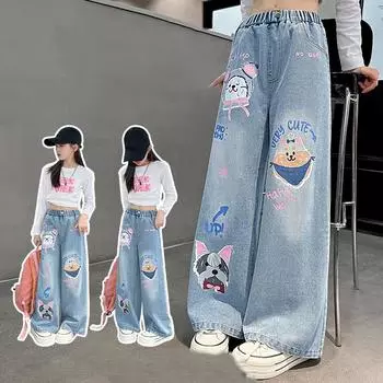 Джинсы с рисунком из мультфильмов для девочек, свободные прямые джинсовые брюки с милым принтом для детей, весна-осень, корейский стиль, длинные брюки 150cm синий