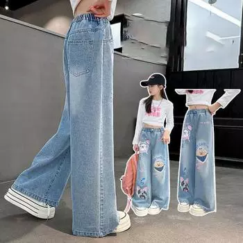 Джинсы с рисунком из мультфильмов для девочек, свободные прямые джинсы, симпатичные детские длинные брюки в корейском стиле на весну и осень 170cm