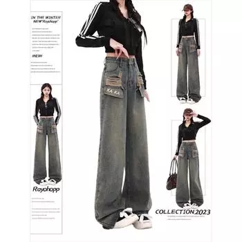 Джинсы с рваными карманами для женщин, новинка 2023 года, модные свободные джинсы с высокой талией, винтажная уличная одежда, прямые широкие брюки в стиле Харадзюку S синий
