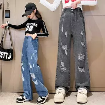 Джинсы с рваными краями для девочек, весна и осень, корейская версия больших детских свободных повседневных брюк с широкими штанинами, верхняя одежда, детские брюки 170 чёрный