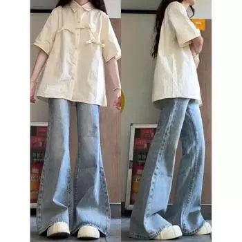 Джинсы с широкими штанинами и микроклешем для женщин с высокой талией, прямые и узкие, летние, тонкие брюки S синий