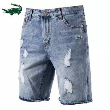 Джинсы с вышивкой, мужские летние спортивные брюки, мужские моющиеся повседневные шорты, модный тренд, рваные брюки S синий