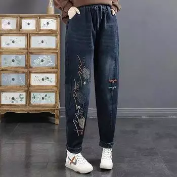 Вышитые джинсы женские джинсы ретро литературный бархат подбитые женские с высокой талией теплые свободные повседневные джинсы осень плюс размер XXXL