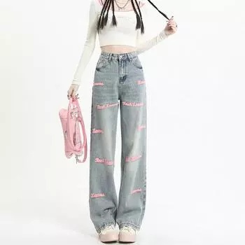 Джинсы с вышивкой, женские весенне-осенние мешковатые джинсовые брюки в корейском стиле, прямые широкие брюки в стиле Харадзюку, уличная одежда XS синий