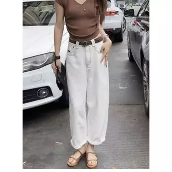 Джинсы с высокой посадкой для женщин Весна и Осень Новые Большой размер Толстые Мм Брюки-морковки Укороченные брюки Стройнящие Папины брюки Брюки гаремы S белый