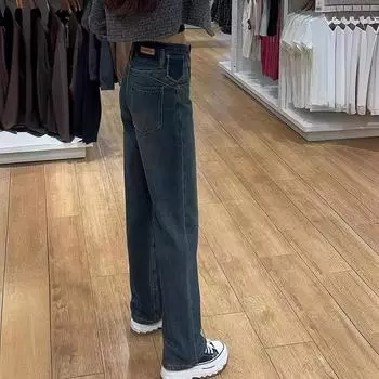 Джинсы с высокой посадкой и широкими штанинами для женщин Весенне-летние Новые Свободные Ретро Для Невысоких Стройнящие Прямые Узкие S