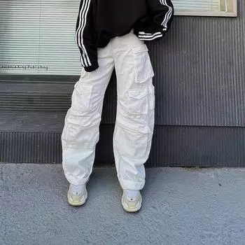 Джинсы с высокой посадкой в уличном стиле с несколькими карманами (2025) S белый