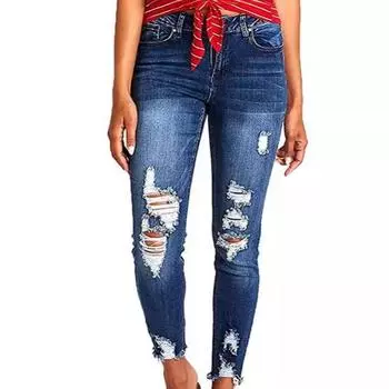 Джинсы с высокой талией, эластичные, рваные S темно-синий